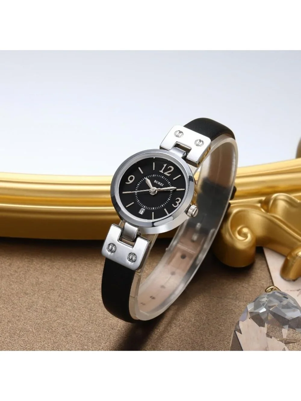 Women's Black Silver Elegant Dial with Leather Strap Minimalist Wrist Watches